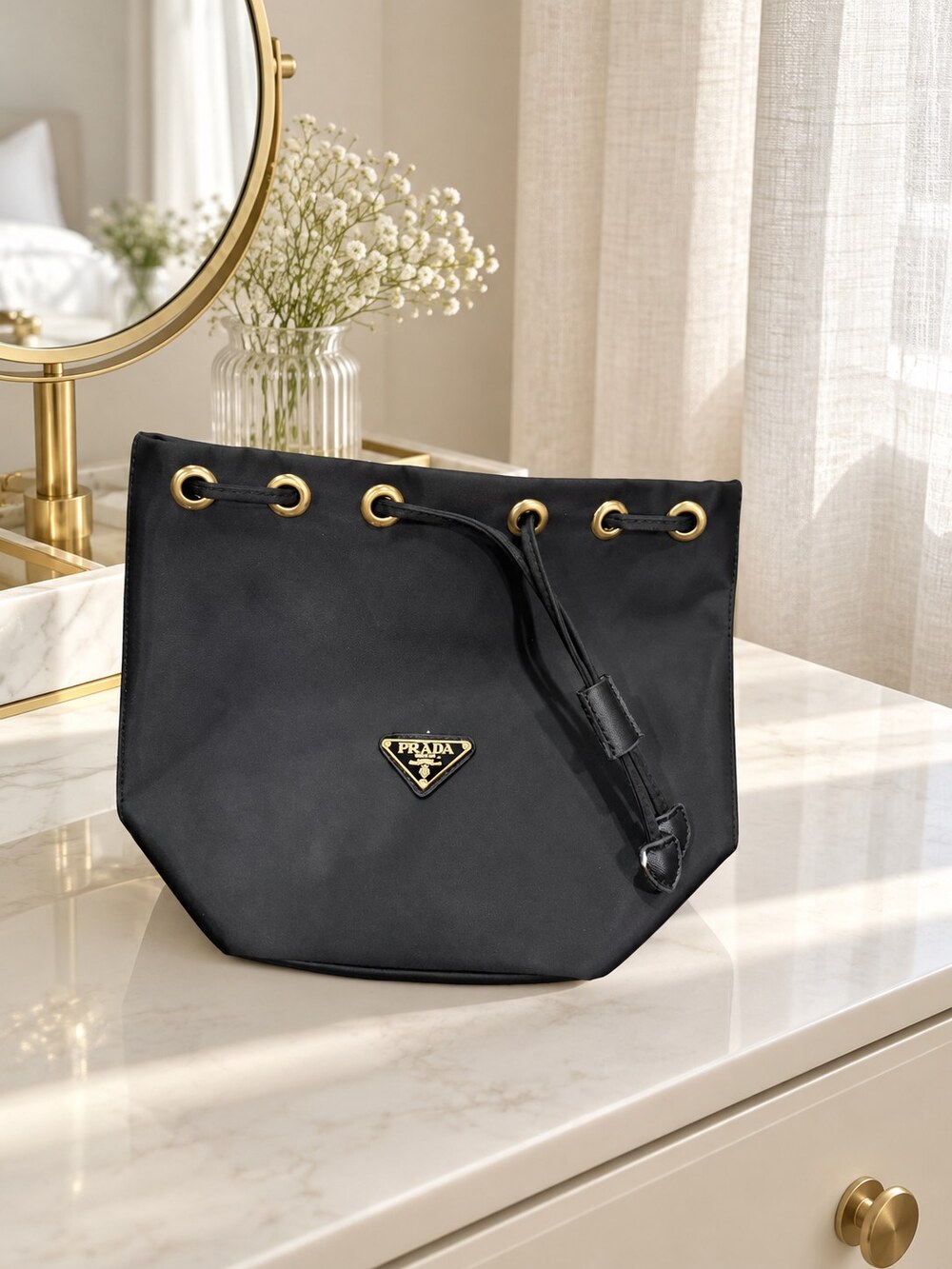 Prada Black Drawstring Makeup Bag | Beauty Essentials Pouch